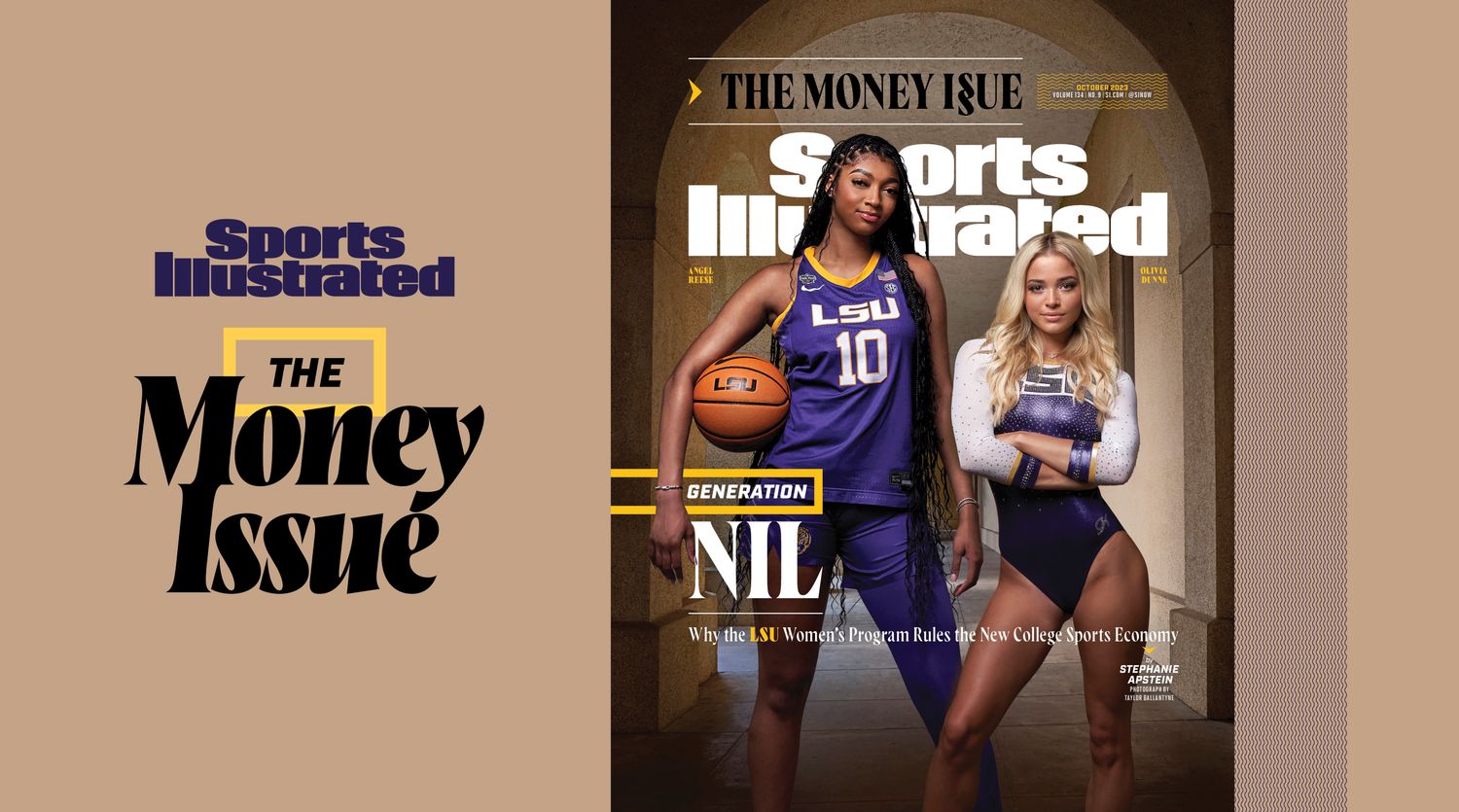 SI The Money Issue: LSU basketball player Angel Reese and LSU gymnast Olivia Dunne stand side-by-side on the cover of Sports Illustrated.